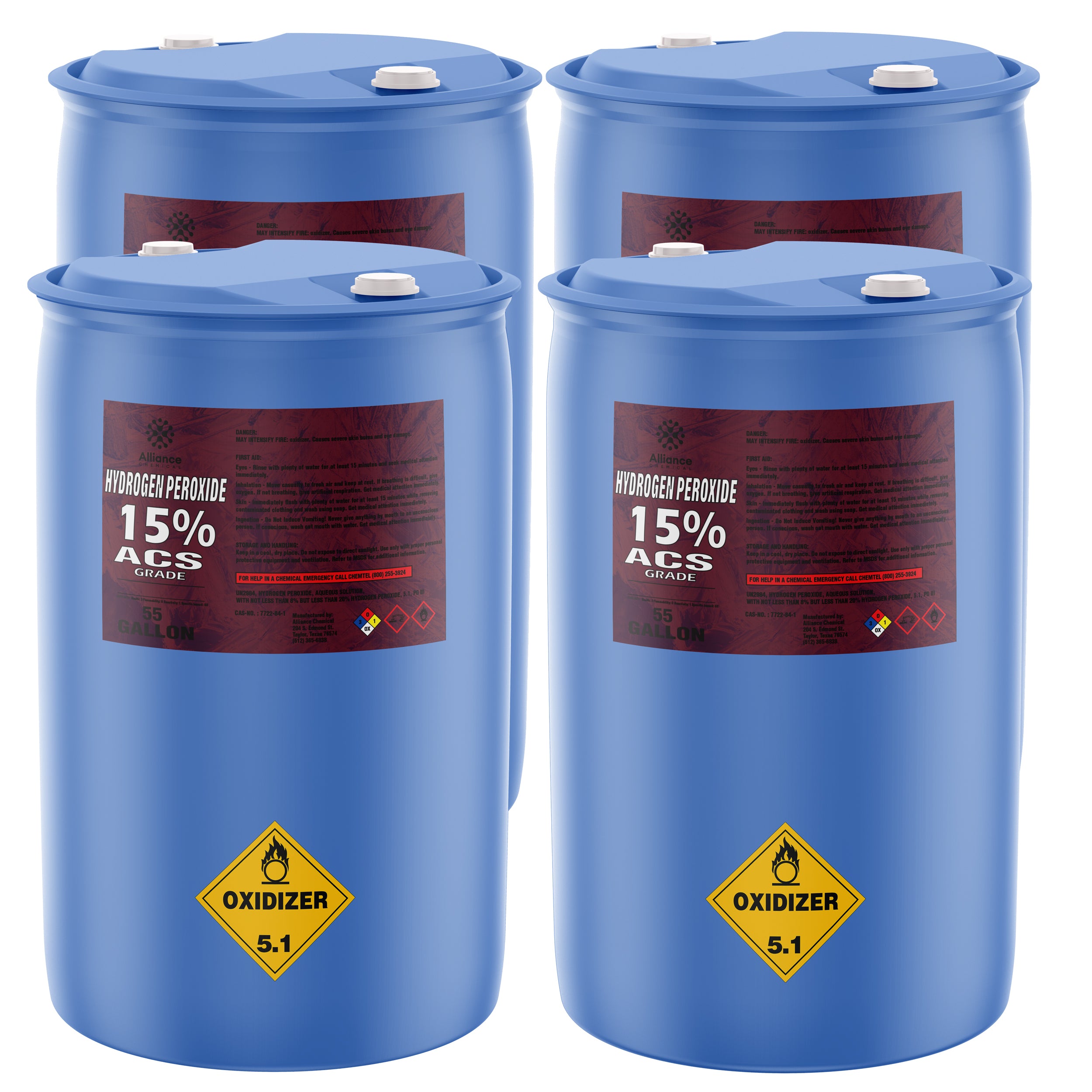 220-gallon set (4x55) of 15% ACS-grade Hydrogen Peroxide in blue HDPE drums, featuring Oxidizer 5.1 hazard diamonds and red Alliance Chemical labels.